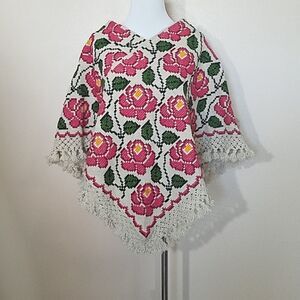 Mexican handwoven wool floral poncho